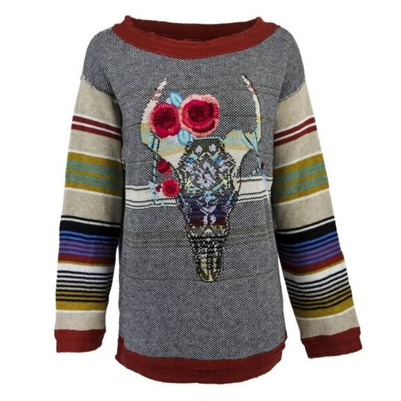 💕FREE PEOPLE💕 Desert Rose Sweater Embroidered Longhorn Colorblock Knit Medium - Picture 6 of 15